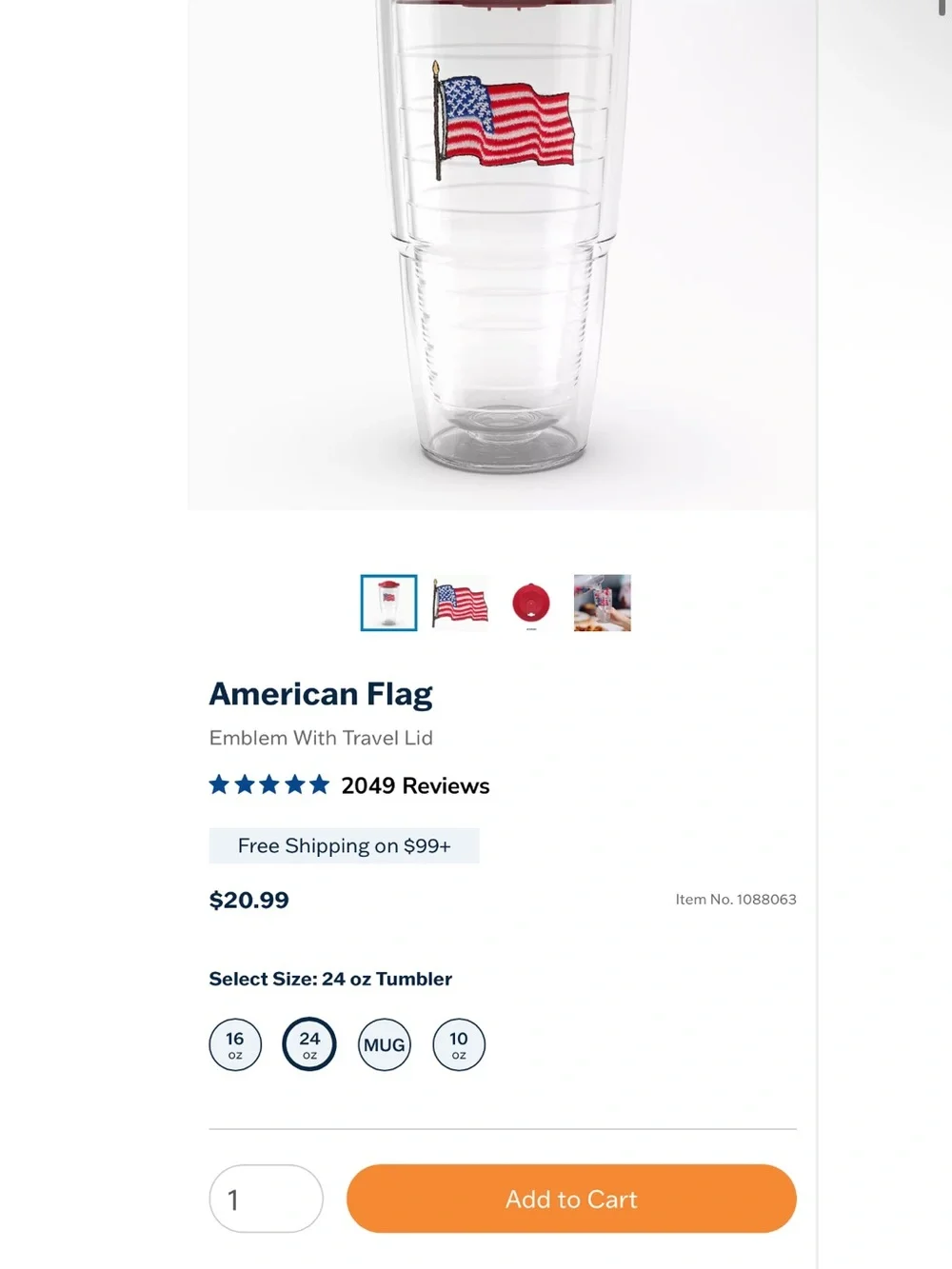 Clear Travel Tumbler with Red Lid and American Flag Design